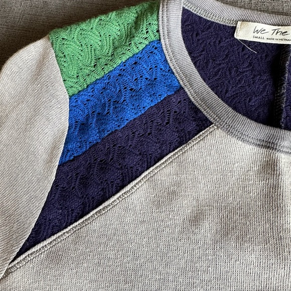 Free People cotton grey long sleeve top with blue and green trim. (S) - Picture 2 of 5